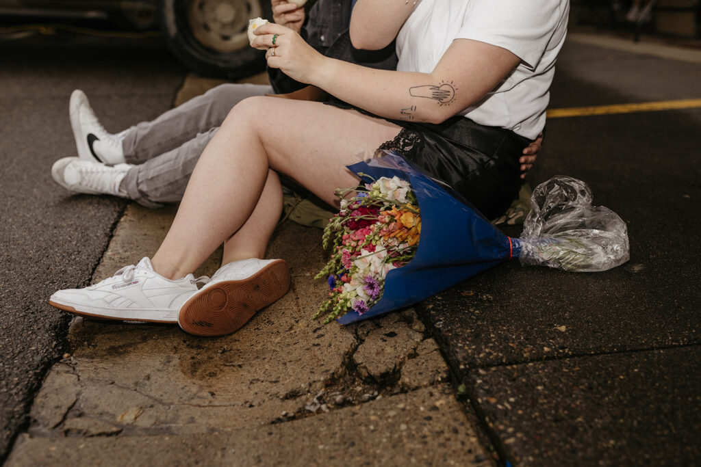 Savoring steamed buns together for their casual engagement photo session