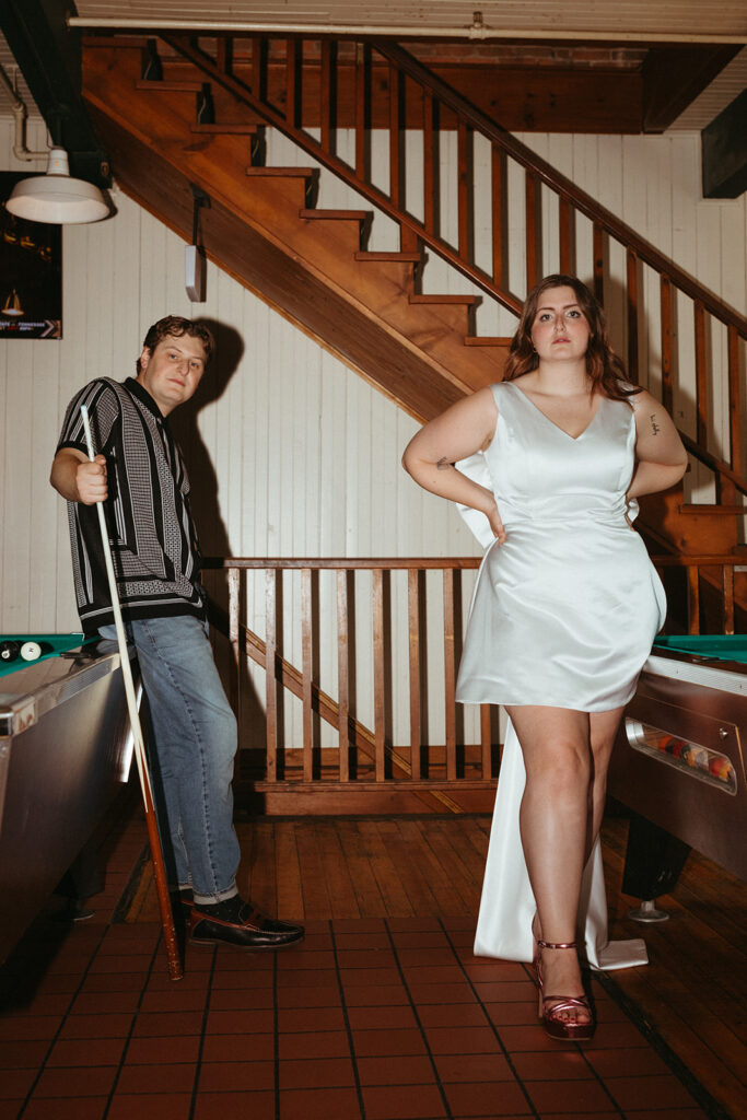 Minneapolis Engagement Photos while playing pool at a bar
