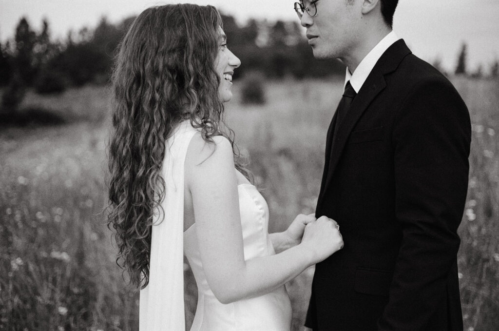 Black + white 35mm film showcases a couple at a Minnesota Elopement inspired photoshoot for their anniversary