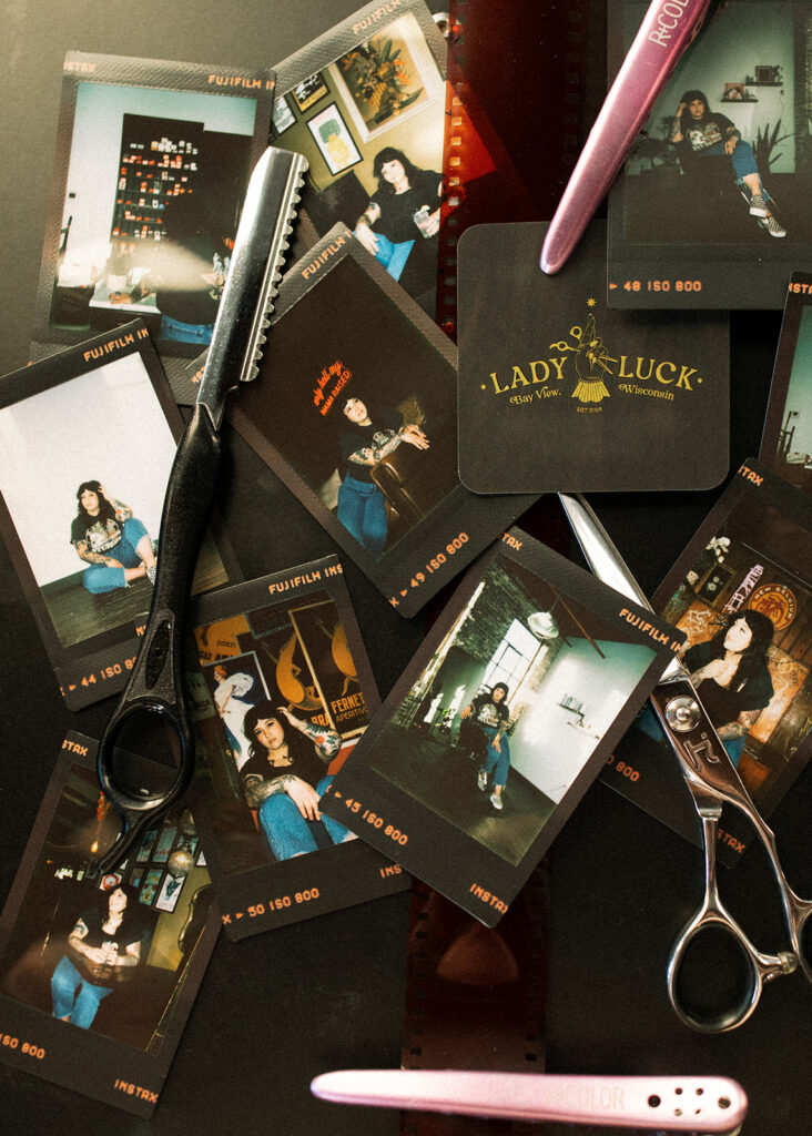 Film photos & hair tools are shown in a branding image for a Milwaukee salon taken by a Milwaukee headshot photographer. 